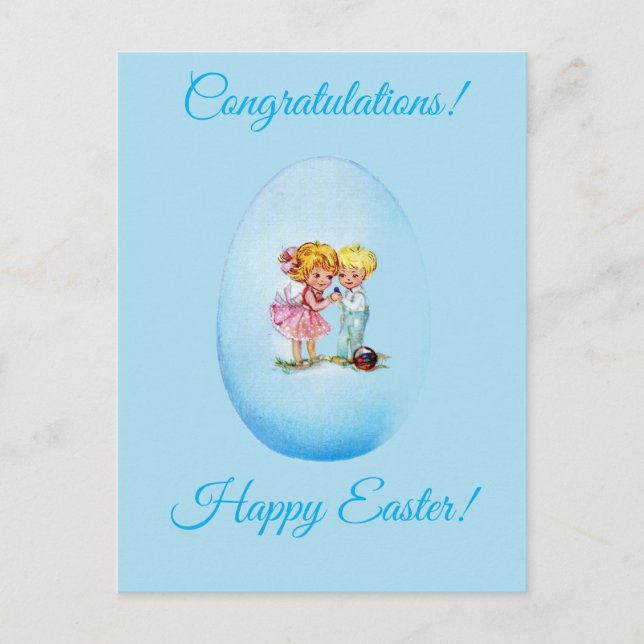 Happy Easter!  Retro postcard, Easter egg, girl an Postkarte (Vorderseite)