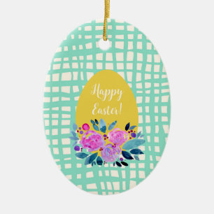 Happy Easter rustikale karierte Blumenorange Ei Keramik Ornament