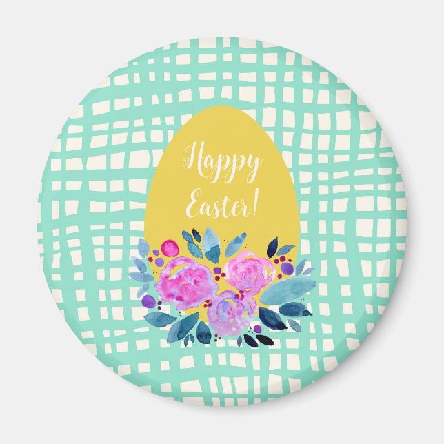 Happy Easter rustikale karierte Blumenorange Ei Magnet (Vorne)
