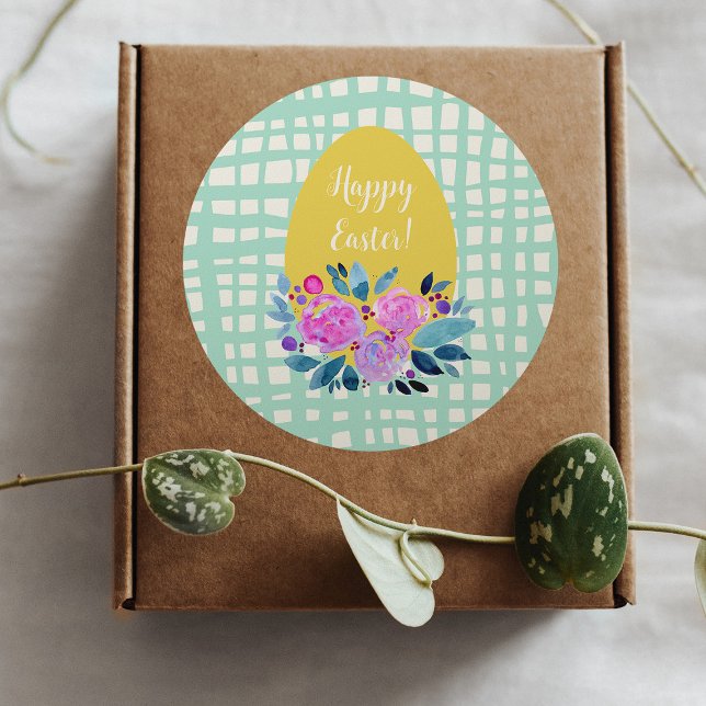 Happy Easter rustikale karierte Blumenorange Ei Runder Aufkleber (Von Creator hochgeladen)