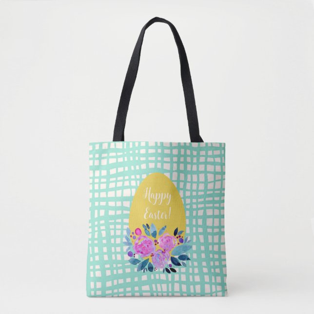 Happy Easter rustikale karierte Blumenorange Ei Tasche (Vorderseite)