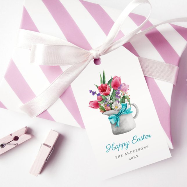 Happy Easter Spring Tulip Blue Ribbon individuell  Geschenkanhänger (Von Creator hochgeladen)