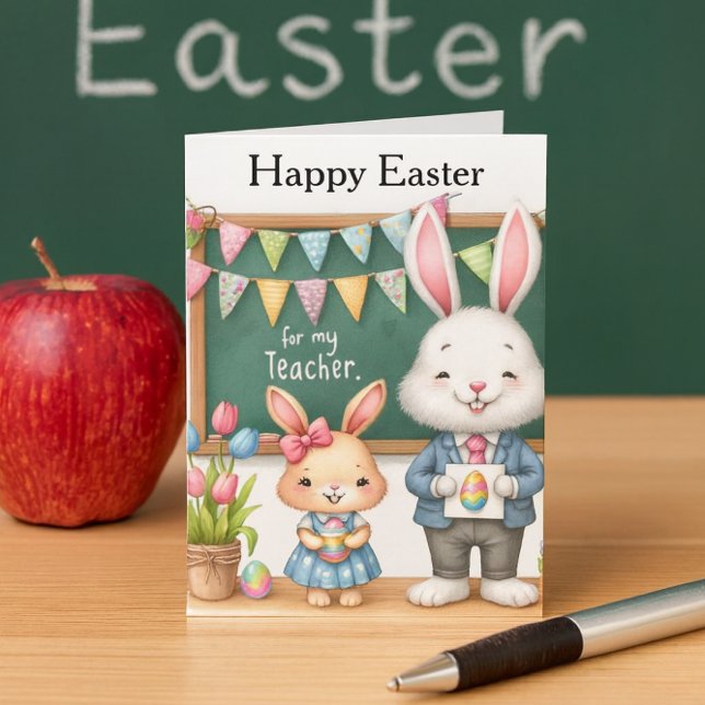 Happy Easter Teacher From Kids  Feiertagskarte (Sweet Easter card for teacher with bunnies, chalkboard, tulips, and festive classroom charm.)