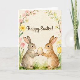 Happy Easter Vintage Bunnies with Egg Karte
