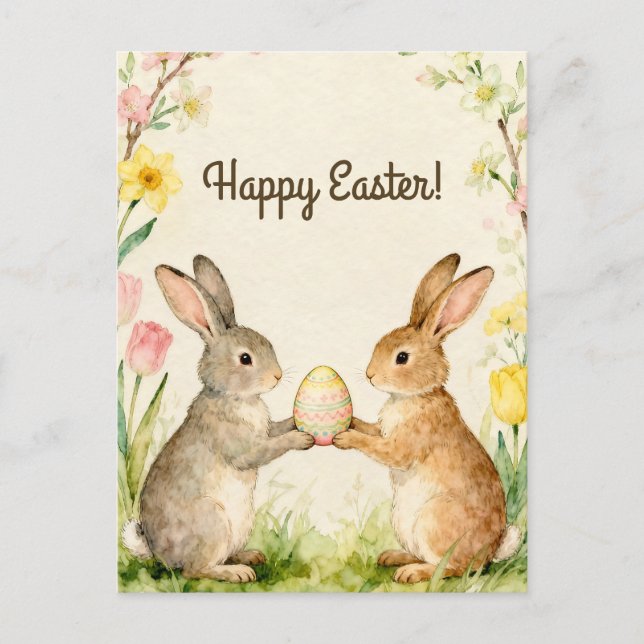 Happy Easter Vintage Bunnies with Egg Postkarte (Vorderseite)