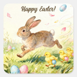 Happy Easter Vintage Bunny Spring Illustration Quadratischer Aufkleber