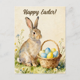 Happy Easter Vintage Bunny with Egg Basket Postkarte