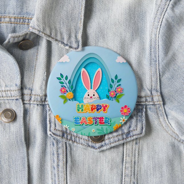 Happy Easter | Whimsical Easter Bunny and Floral Button (Beispiel)