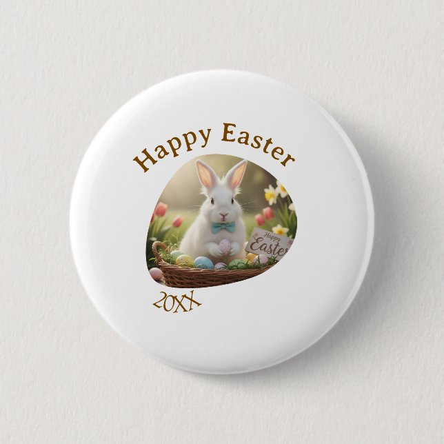 Happy Easter white bunny year photo family name  Button (Vorderseite)