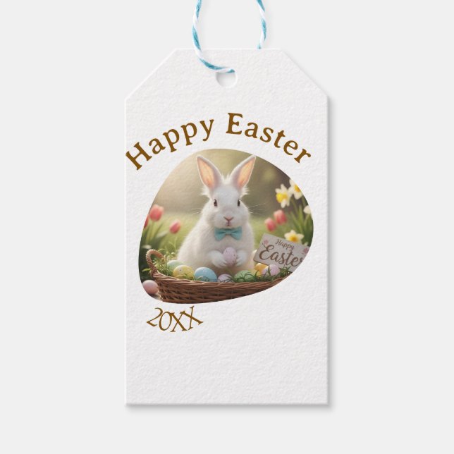 Happy Easter white bunny year photo family name  Geschenkanhänger (Vorderseite)