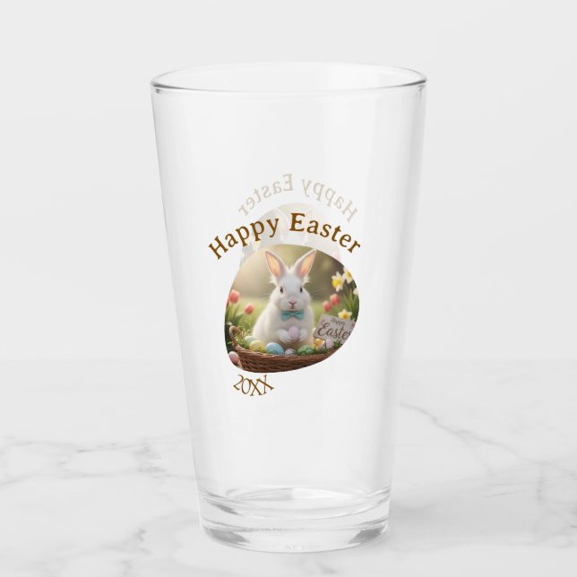 Happy Easter white bunny year photo family name  Glas (Vorderseite)