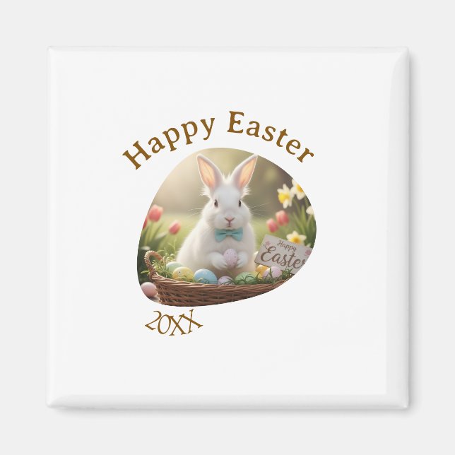 Happy Easter white bunny year photo family name  Magnet (Vorne)