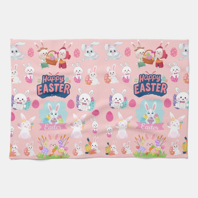Happy Easter Wishings - Pattern Funny Bunny Oaster Geschirrtuch (Horizontal)