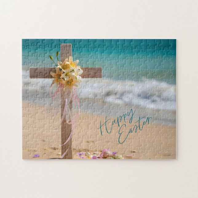 Happy Easter Wooden Cross with Lilies on Beach (Horizontal)