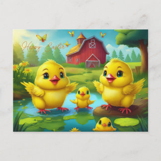 Happy Easter Yellow Chicks in a Pond by a Red Barn Postkarte