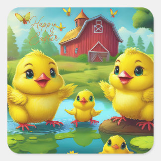 Happy Easter Yellow Chicks in a Pond by a Red Barn Quadratischer Aufkleber