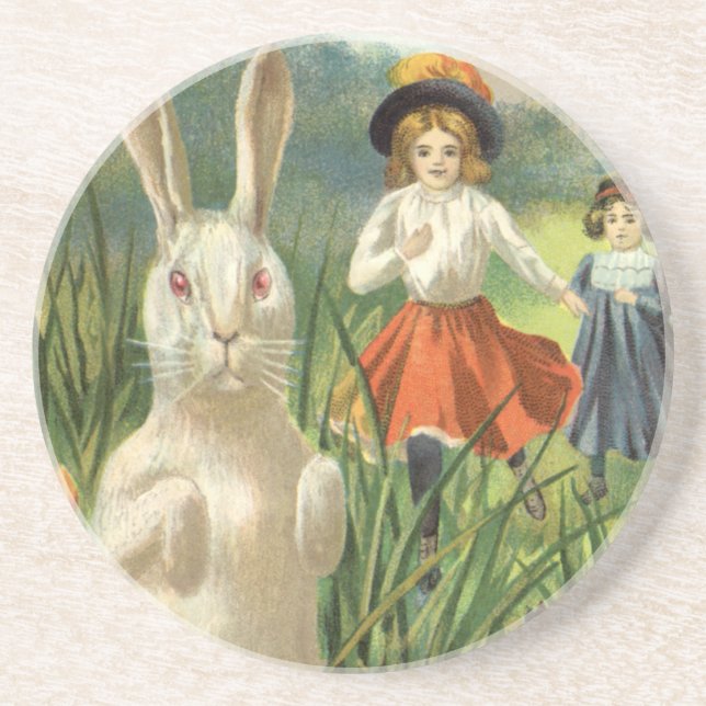 Happy Eastertie Vintag Ostern Bunny und Children Getränkeuntersetzer (Vorne)