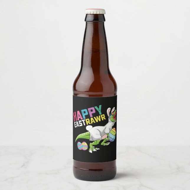Happy Eastrawr T Rex Dinosaur Osterfest Bunny Egg Bierflaschenetikett (Vorderseite)