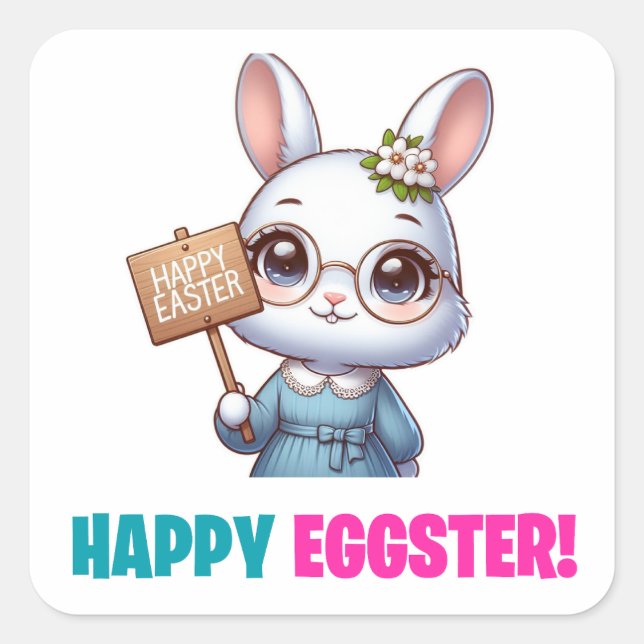 Happy Eggster - Funny Blume Quadratischer Aufkleber (Vorderseite)