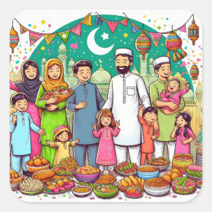 Happy Eid Family Funny Celebrating Fest Quadratischer Aufkleber