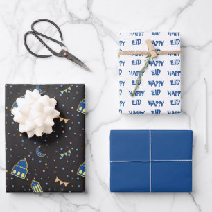 Happy Eid Kids Blue Moon Lantern Muster Zitat Geschenkpapier Set