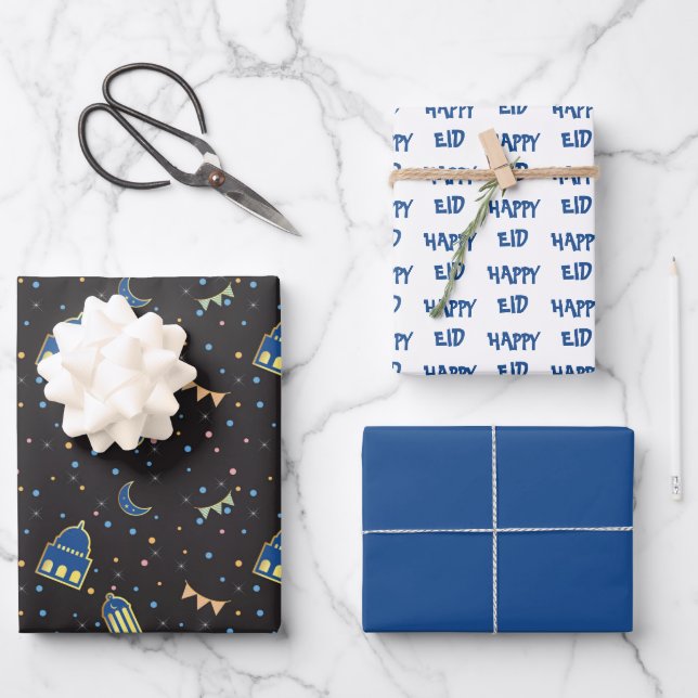 Happy Eid Kids Blue Moon Lantern Muster Zitat Geschenkpapier Set (Vorderseite)