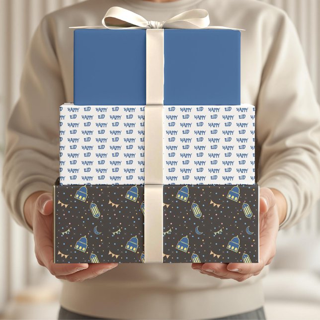 Happy Eid Kids Blue Moon Lantern Muster Zitat Geschenkpapier Set (Von Creator hochgeladen)