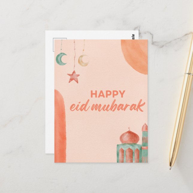 Happy Eid Mubarak Watercolor Moschee Postkarte (Vorderseite/Rückseite Beispiel)