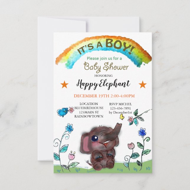 Happy Elephant Rainbow Town Baby Shower Einladung (Vorderseite)