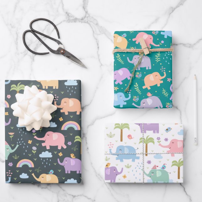 Happy Elephants Medley Mix und Match Geschenkpapier Set (Vorderseite)