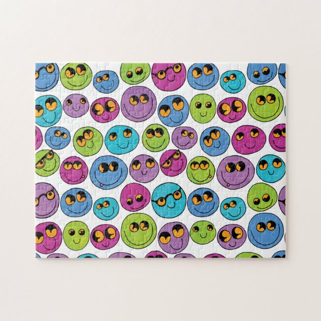 Happy Emoji Faces Muster Blau Lila grünes Rosa (Horizontal)