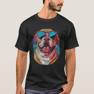 Happy English Bulldog mit Sonnenbrille farbenfrohe T-Shirt