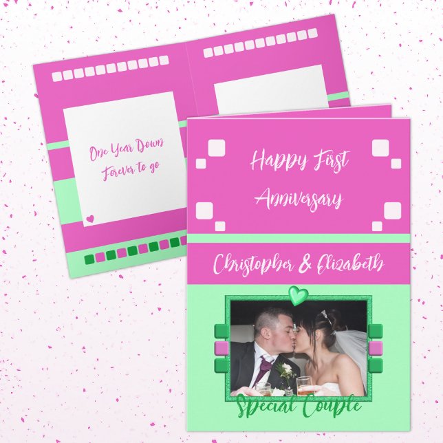 Happy Erste Jubiläum Foto pink grün hinzufügen Karte (Von Creator hochgeladen)