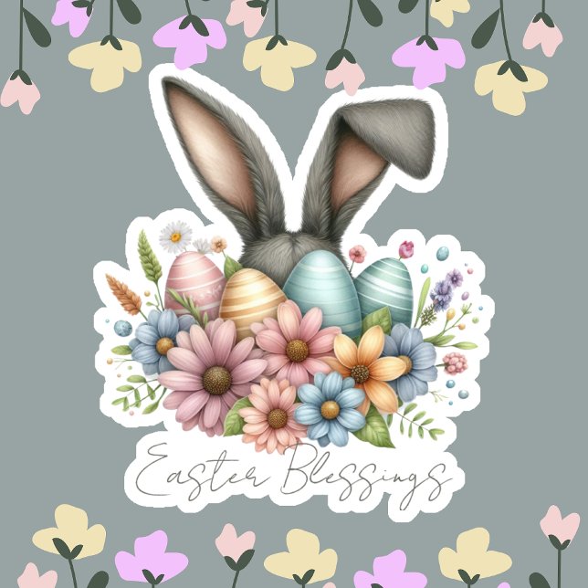 Happy Ester Blessing Gray Bunny Ears Niedlich Aufkleber (Von Creator hochgeladen)