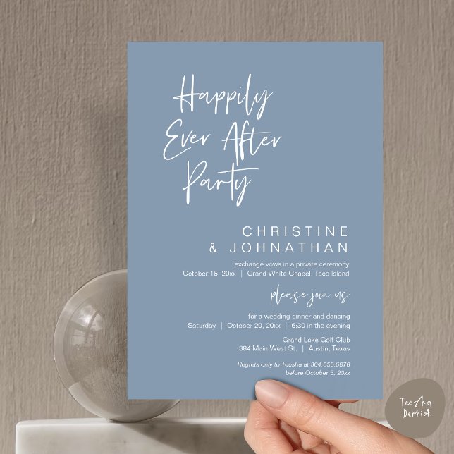 Happy ever After, Modernes Hochzeitsdinner Party Einladung (Wedding Happily Ever After Party Dinner Brunch Elopement Invitation Card, PDF, Dusty Blue)