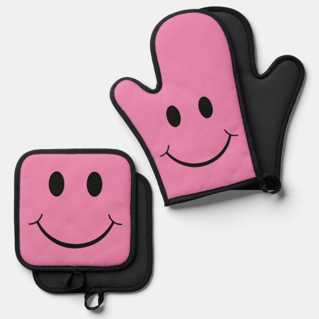 Happy Face Graphic Pink Ofenhandschuh & Topflappen-Set (Vorderseite/Rückseite)