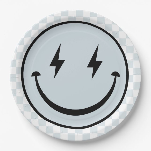 Happy Face Groovy Blue Boy Birthday Pappteller (Vorderseite)