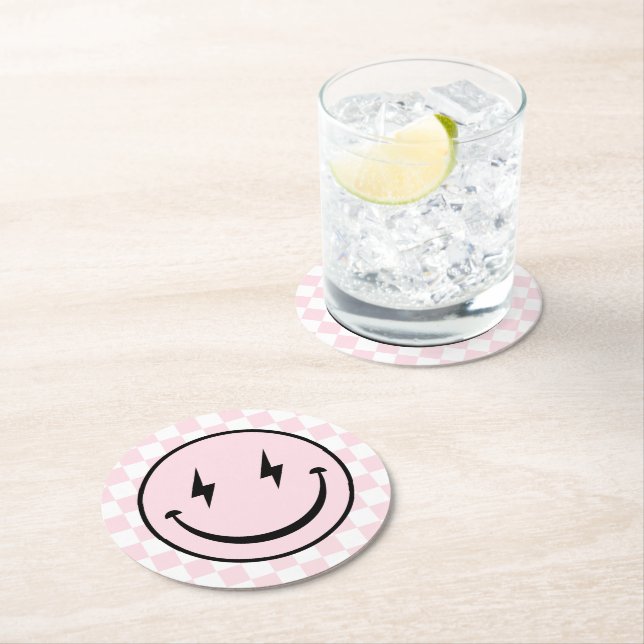 Happy Face Groovy Pink Girl Geburtstag Runder Pappuntersetzer (Vor Ort)