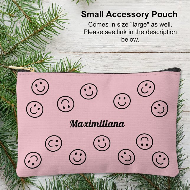 Happy Facy Black on Pink - KLEINE Zubehörtasche (Small Accessory Pouch - Happy Faces Black on Pink by Leapfroglisics Shop)