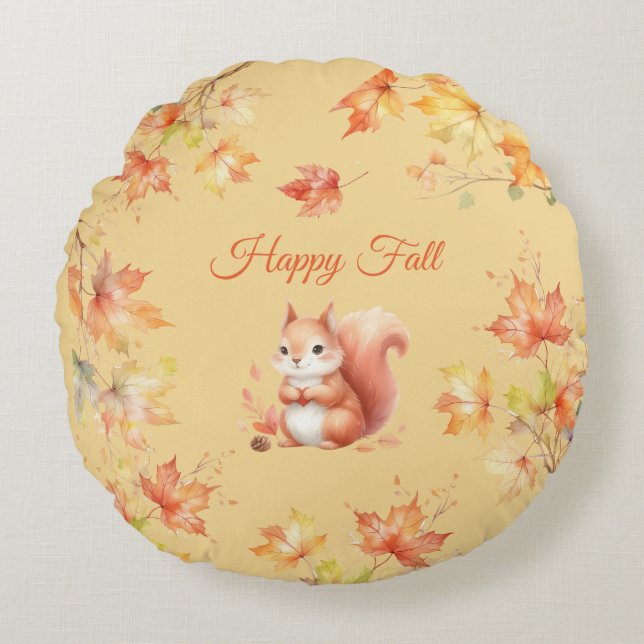 Happy Fall Eichhörnchen in Blätter Rundes Kissen (Vorderseite)