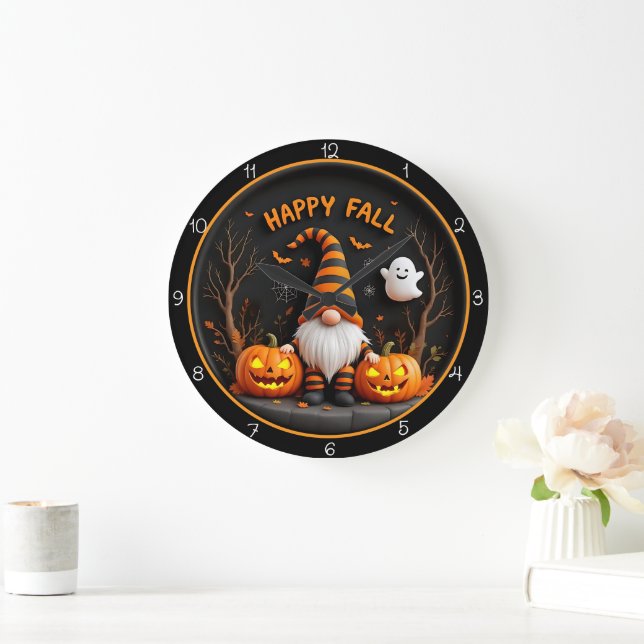 Happy Fall Gnome Ghost Autumn Scene Große Wanduhr (Zuhause)