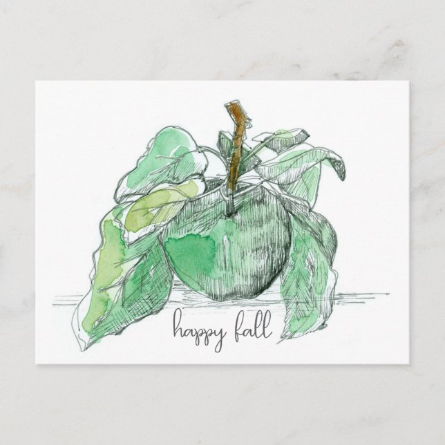 Happy Fall Green Apfelfrucht Blätter Aquarell Postkarte (Vorderseite)