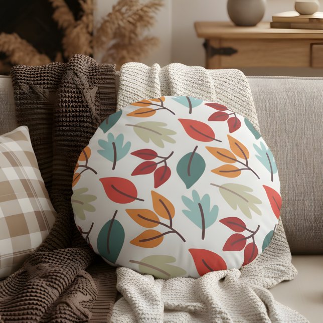 Happy Fall Herbst farbenfrohe Blätter Muster Rundes Kissen (fall leaves pattern round pillow)