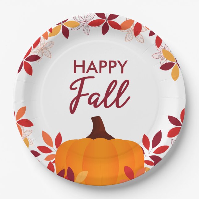 Happy Fall Niedliche Blätter Pumpkin Rahmen Pappteller (Vorderseite)