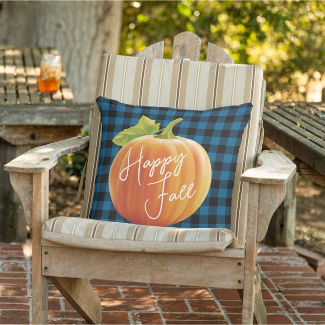 Happy Fall Pumpkin auf Blue Black Karo Muster Kissen (Stuhl )