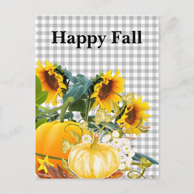 Happy Fall Pumpkin und Sonnenblumen Postkarte (Vorderseite)