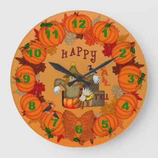 Happy Fall Scarecrow Pumpkins Round Wall Clock Große Wanduhr