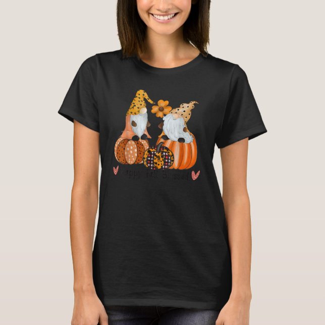 Happy Fall Seligen Gnomes Pumpkins Leopard Muster T-Shirt (Vorderseite)