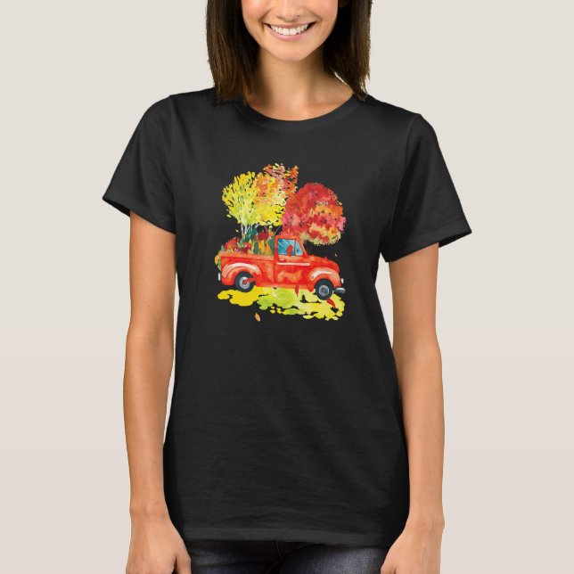 Happy Fall Truck Autumn Trees and Leaves Falling V T-Shirt (Vorderseite)