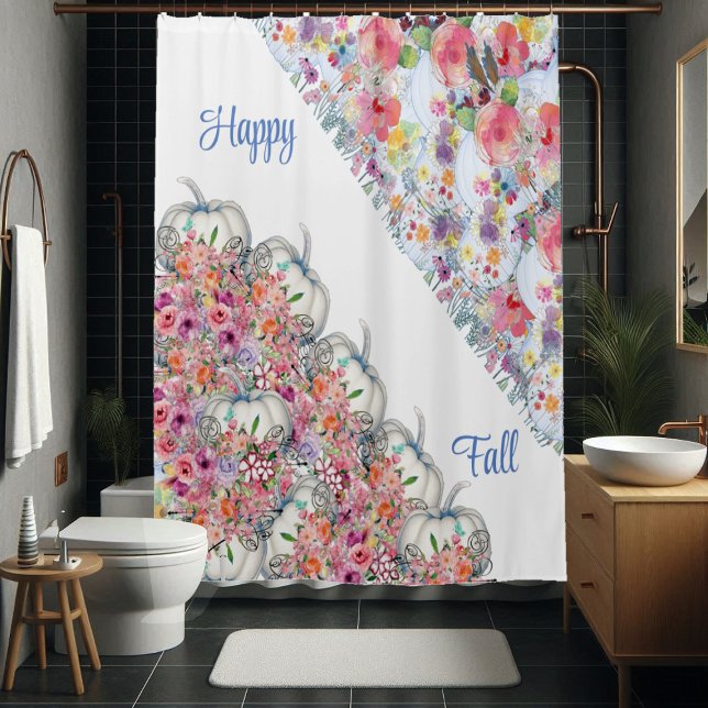 Happy Fall White Pumpkin Wasserfarbe Blumenblüten Duschvorhang (Happy Fall White Pumpkin Watercolor Floral Blooms Shower Curtain)